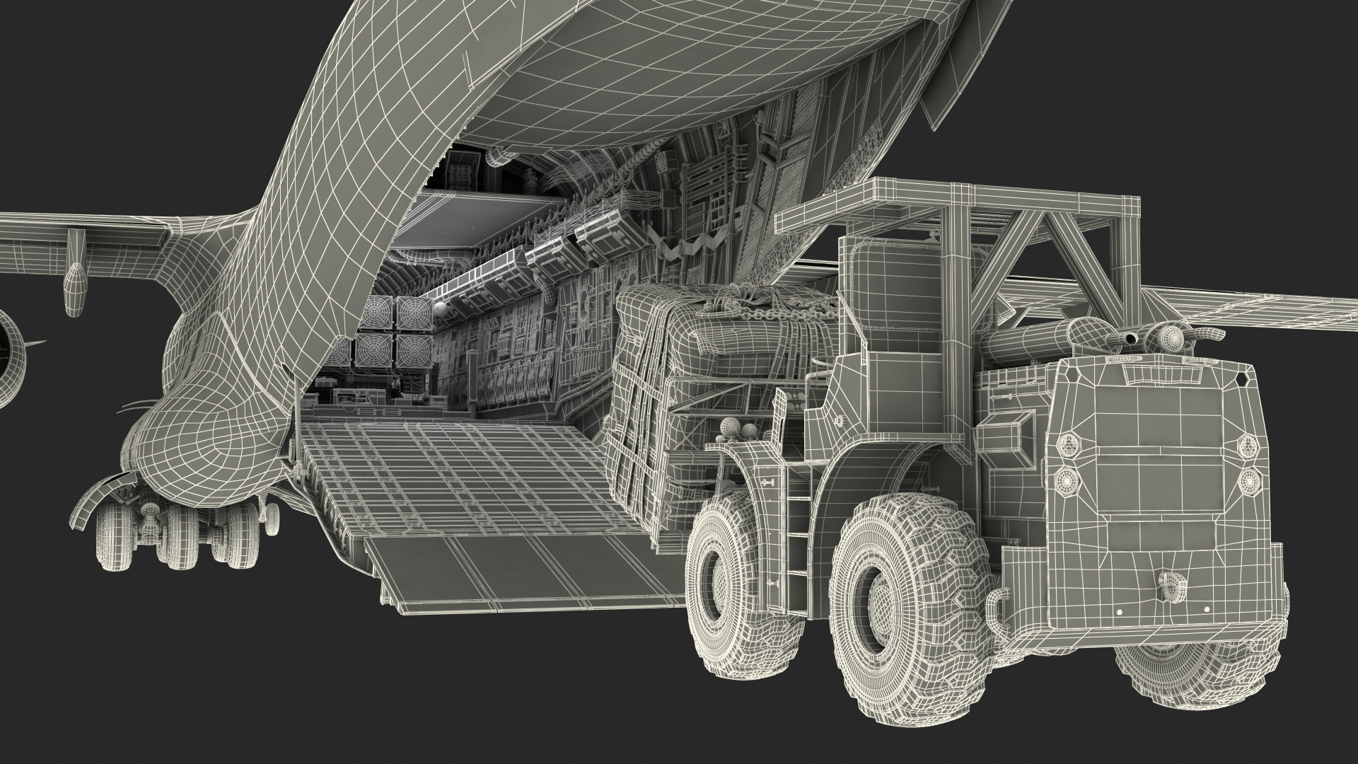 3D Forklift Loads Cargo to the Boeing C17 Globemaster III Rigged