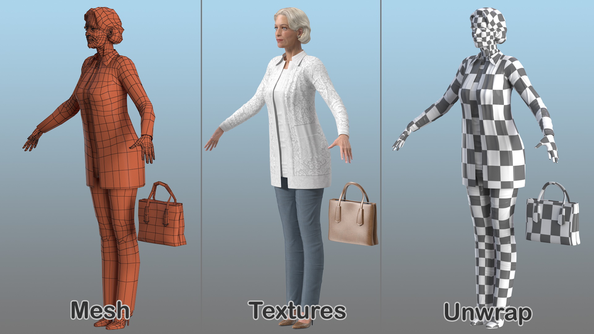 Elderly Lady in Casual Clothes T Pose 3D