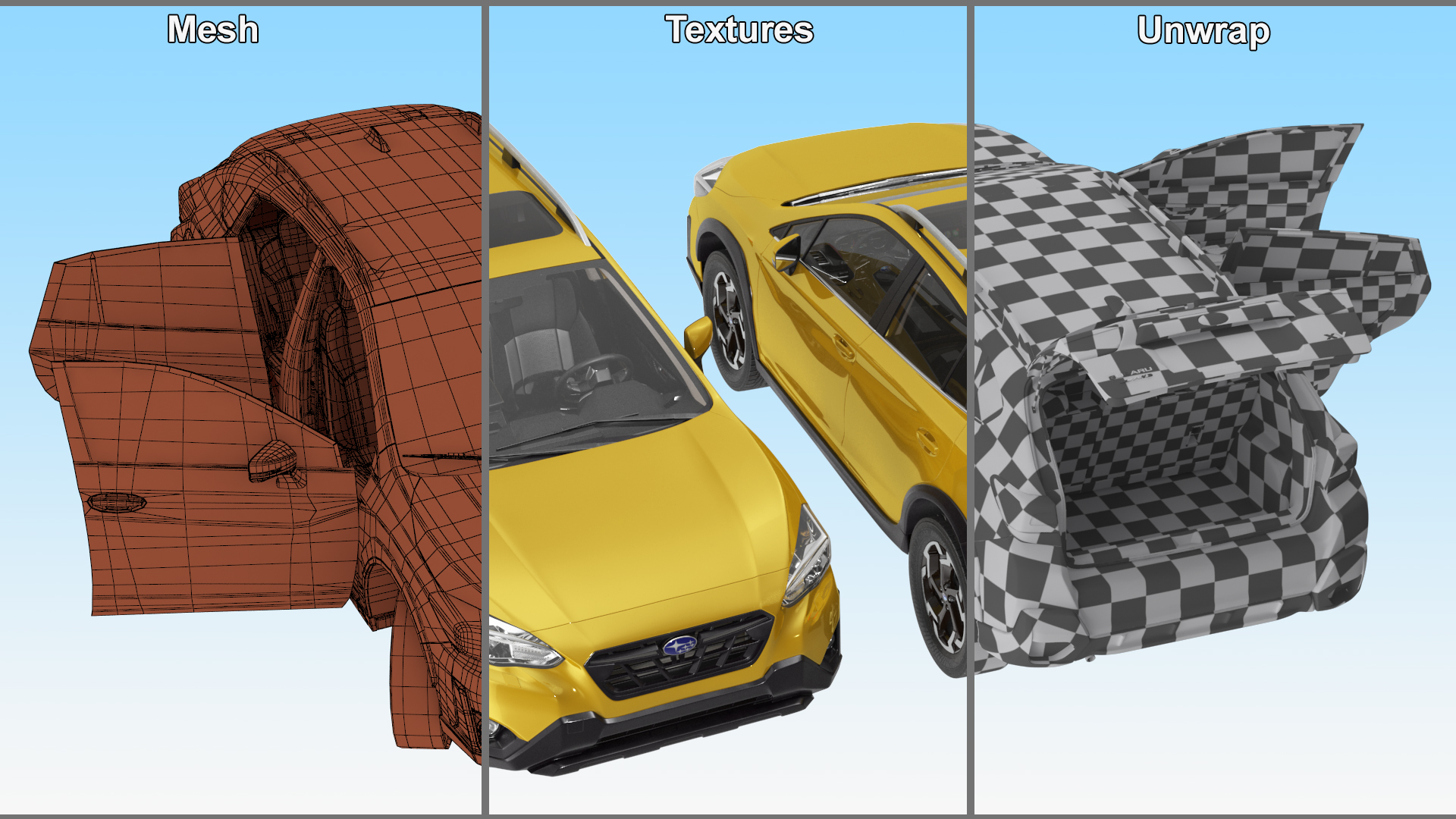 3D 2020 Subaru XV Crosstrek SUV Yellow Rigged for Maya