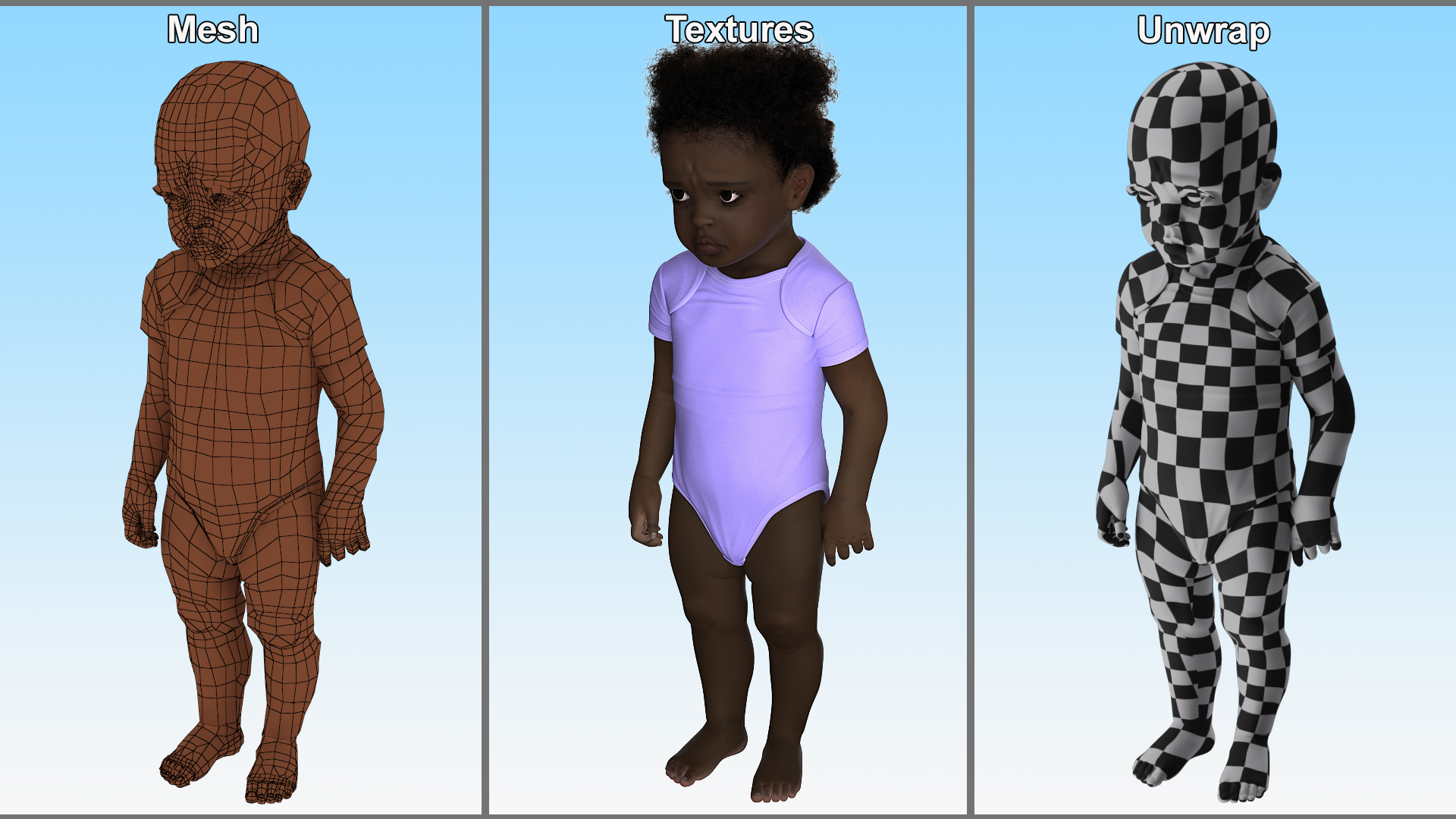 3D Black Toddler Girl in Bodysuit Standing Fur model