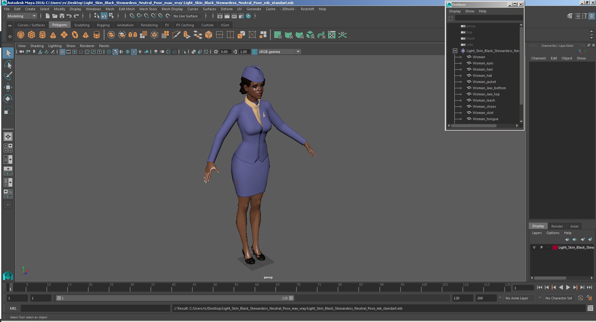 3D model Light Skin Black Stewardess Neutral Pose