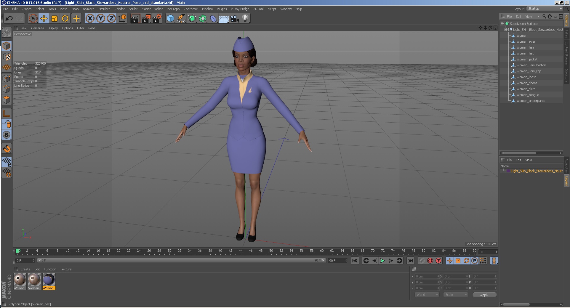 3D model Light Skin Black Stewardess Neutral Pose