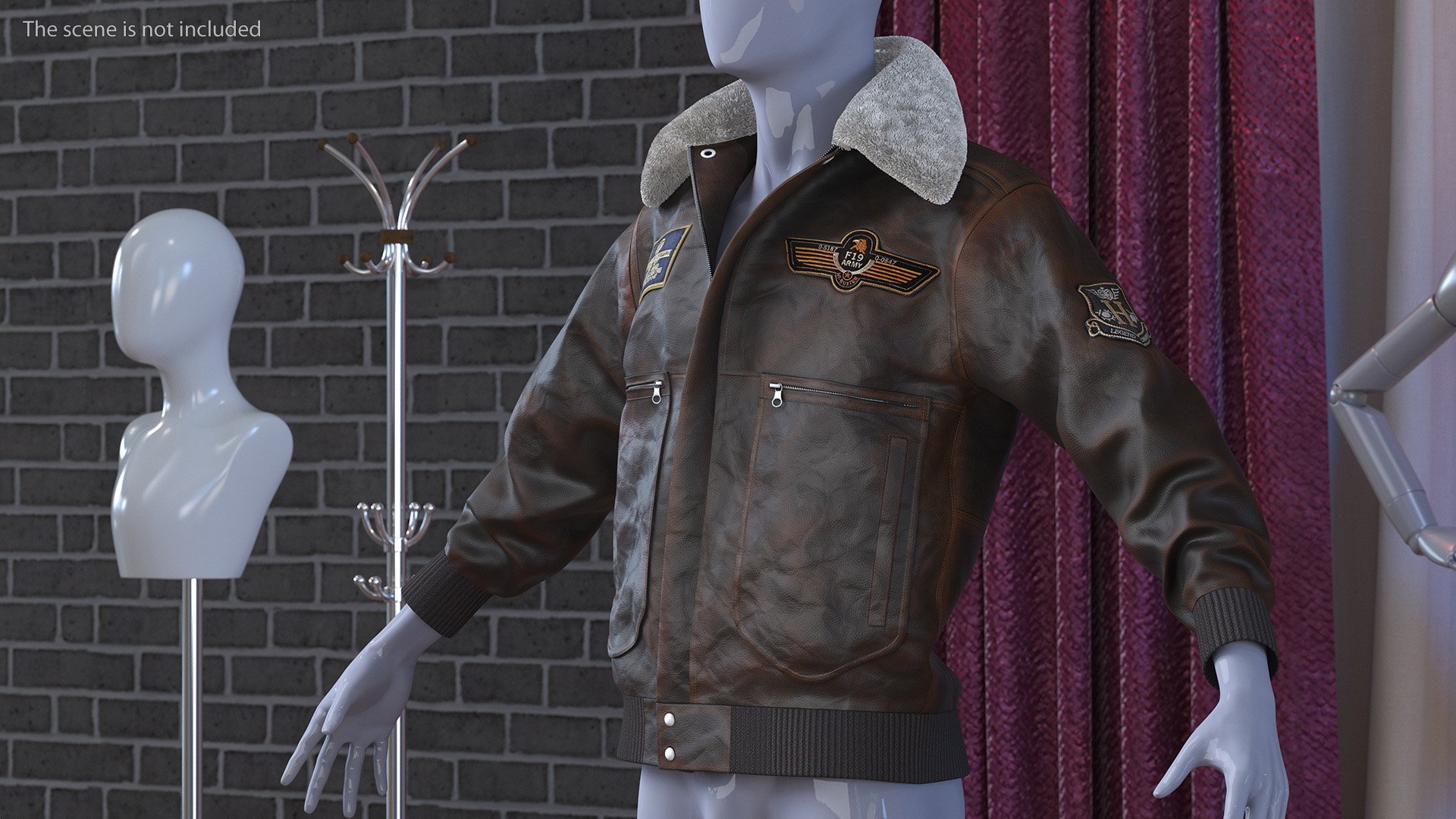 Brown Buckled Aviator Jacket Shabby Fur 3D model