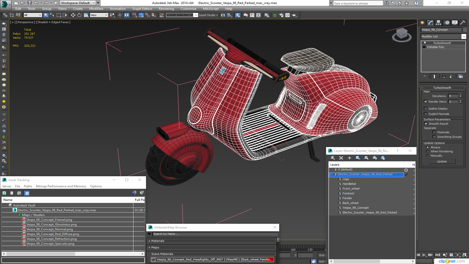 3D Electric Scooter Vespa 98 Red Parked