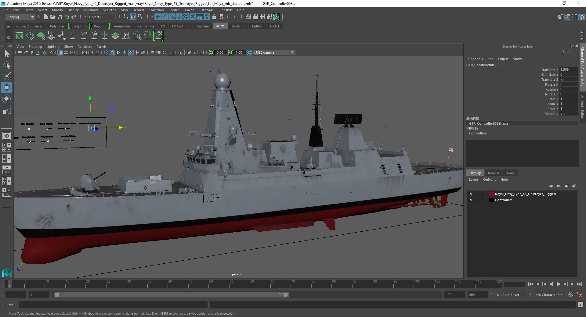 Royal Navy Type 45 Destroyer Rigged for Maya 3D model