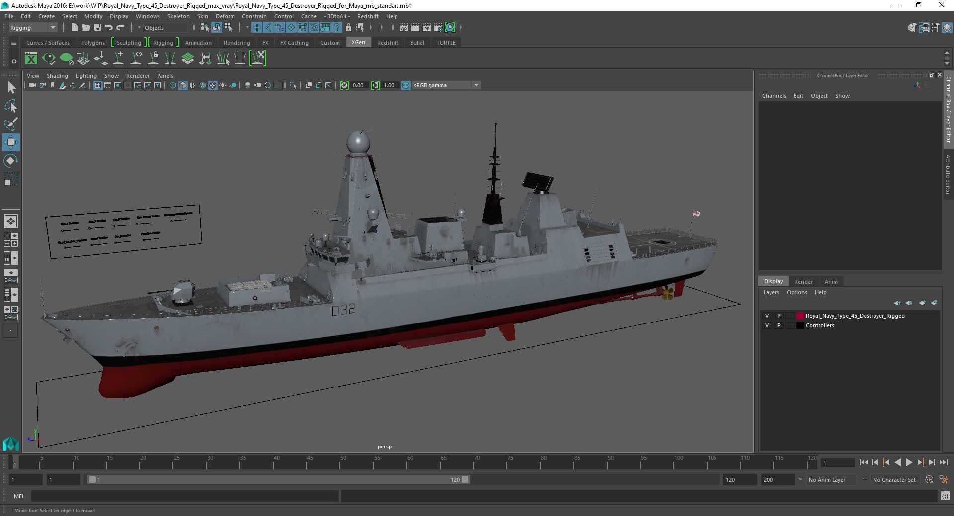 Royal Navy Type 45 Destroyer Rigged for Maya 3D model