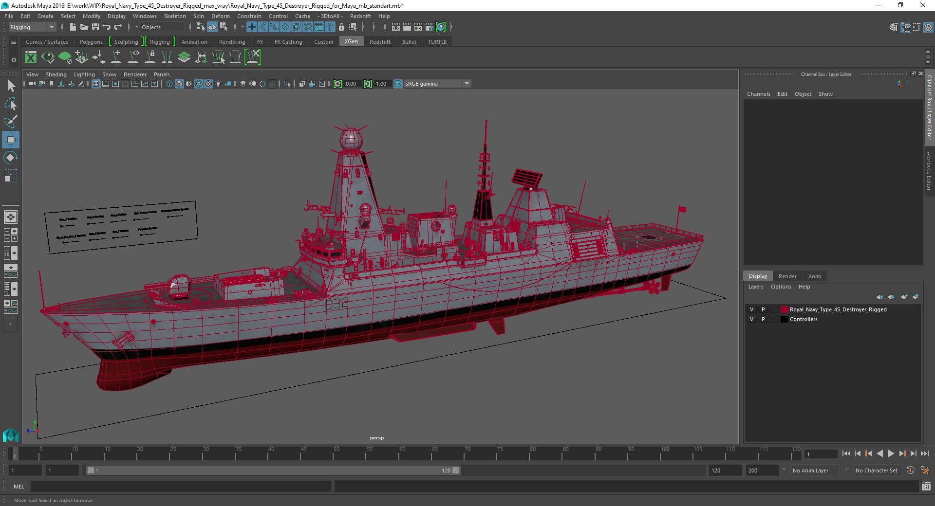 Royal Navy Type 45 Destroyer Rigged for Maya 3D model