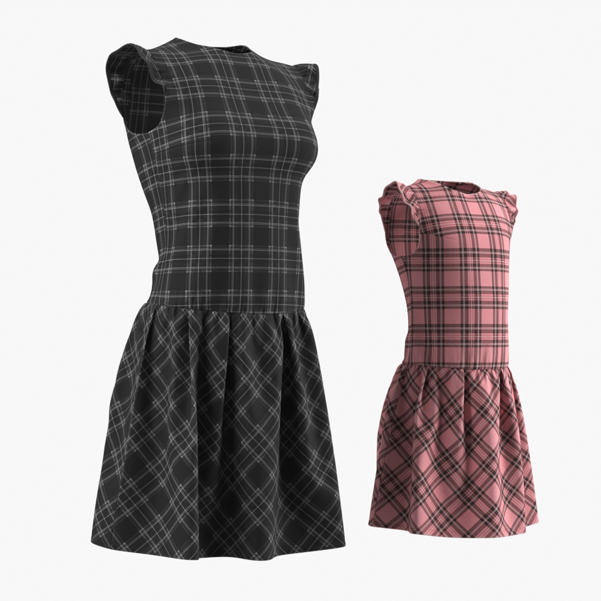 Womens and Girls Plaid Dress Set Multicolor 3D model collection preview