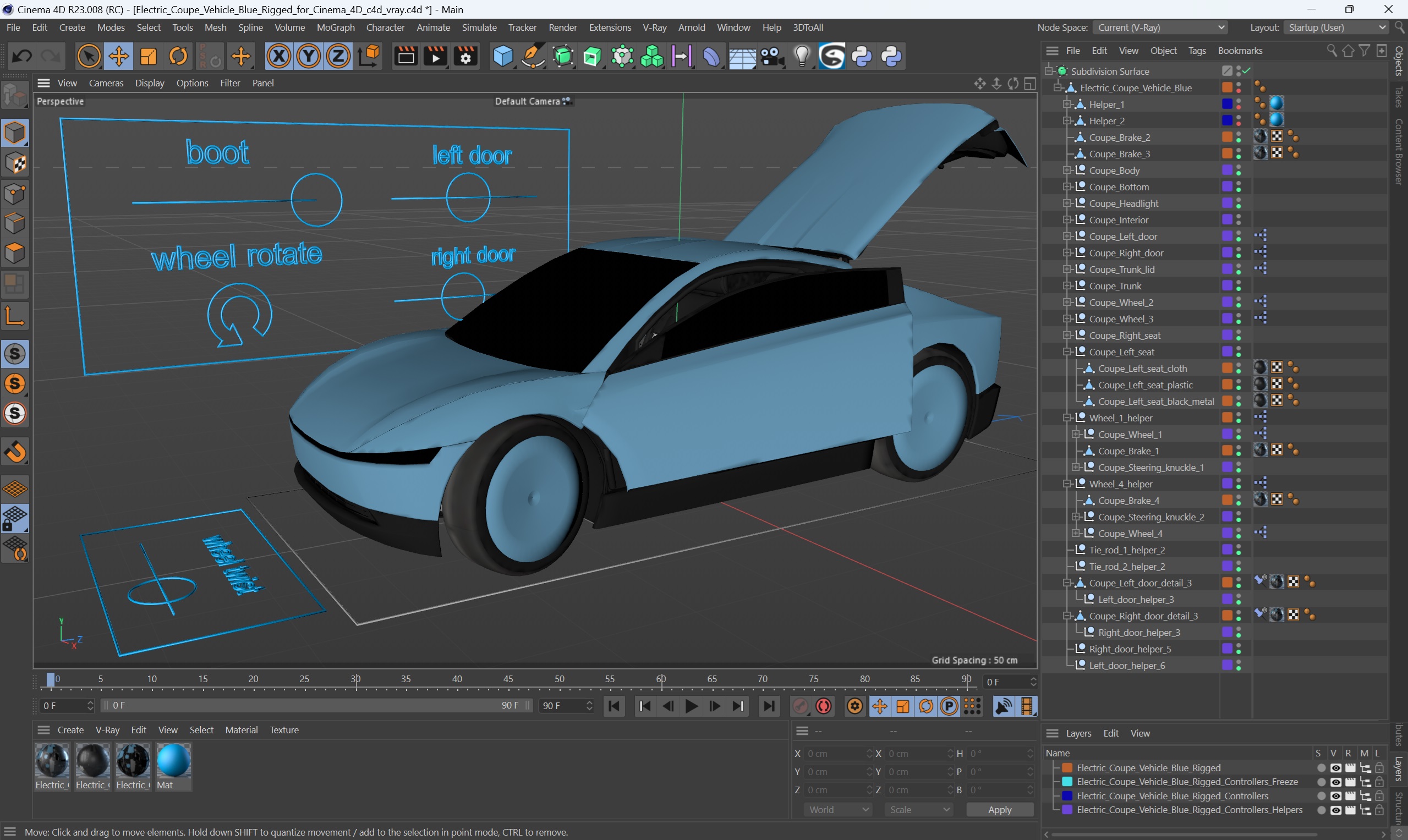 3D Electric Coupe Vehicle Blue Rigged for Cinema 4D model