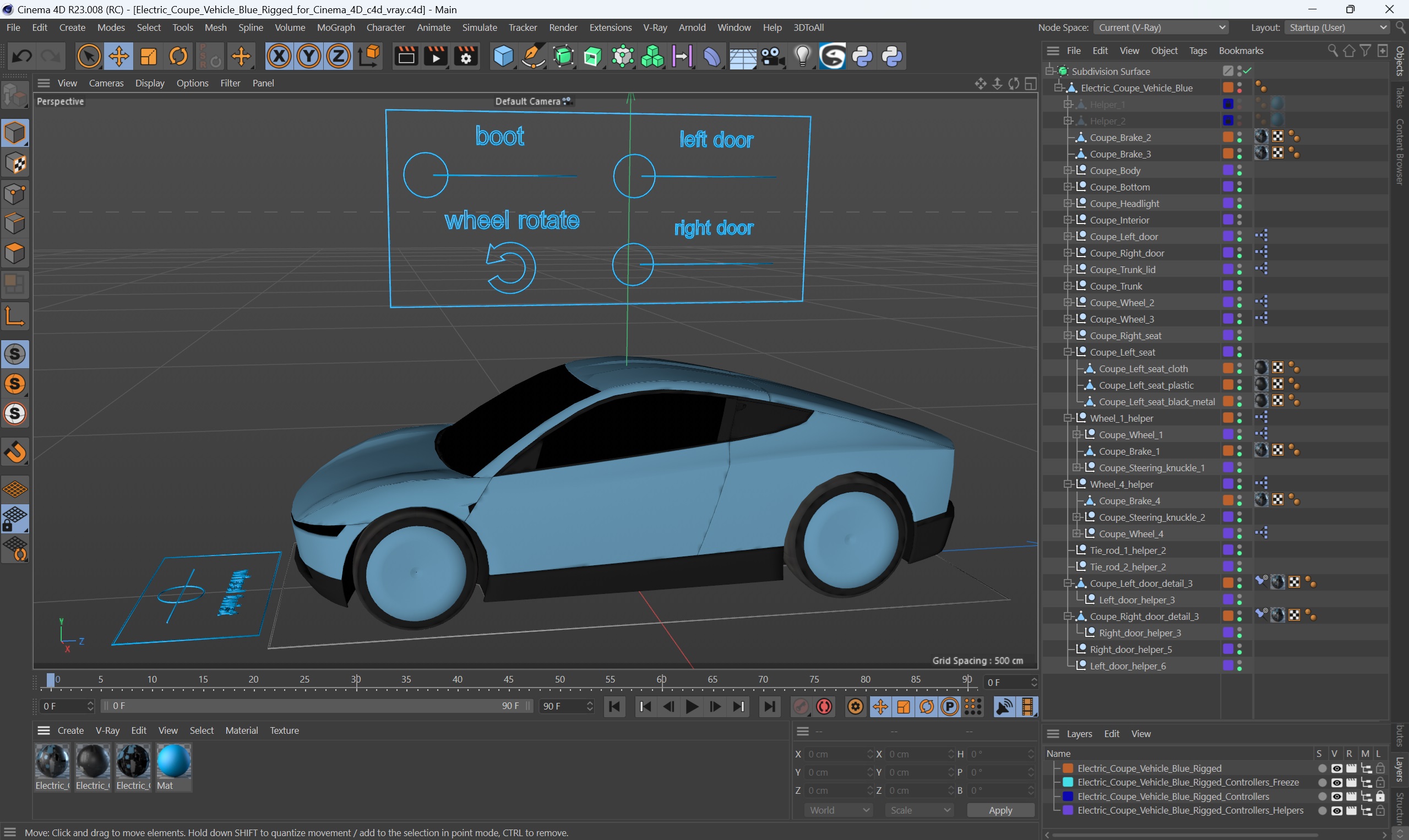 3D Electric Coupe Vehicle Blue Rigged for Cinema 4D model
