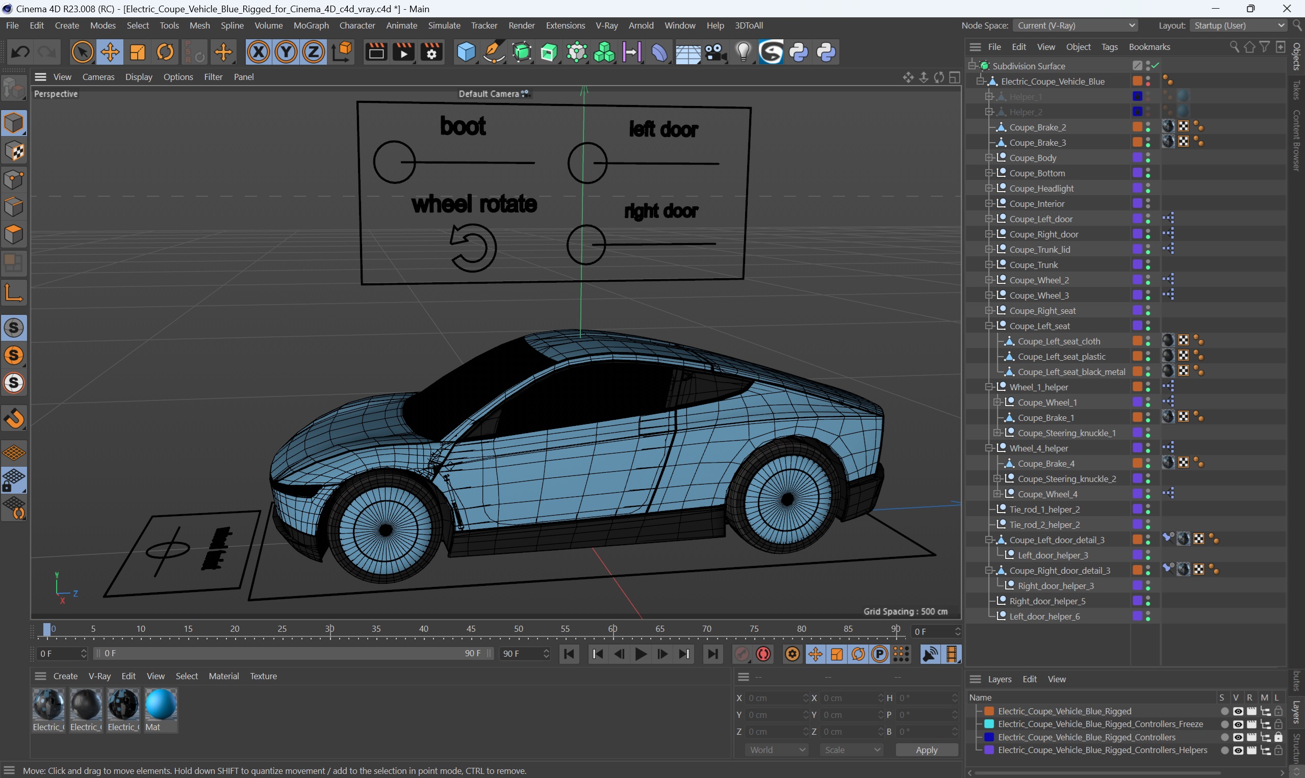 3D Electric Coupe Vehicle Blue Rigged for Cinema 4D model