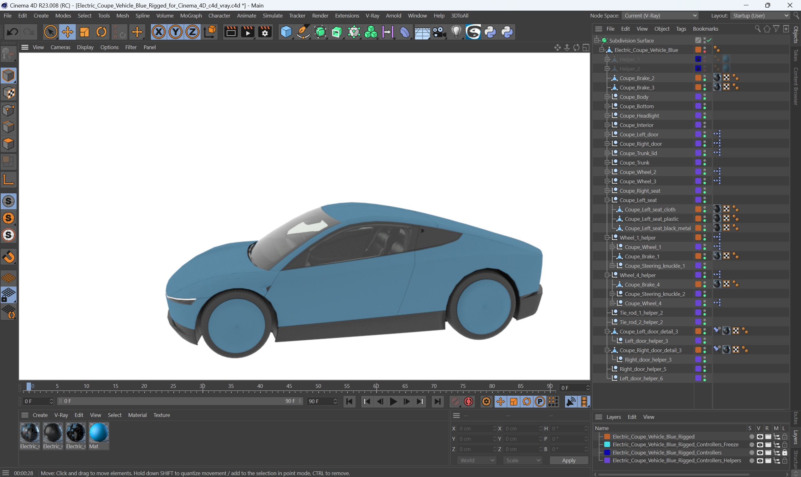 3D Electric Coupe Vehicle Blue Rigged for Cinema 4D model