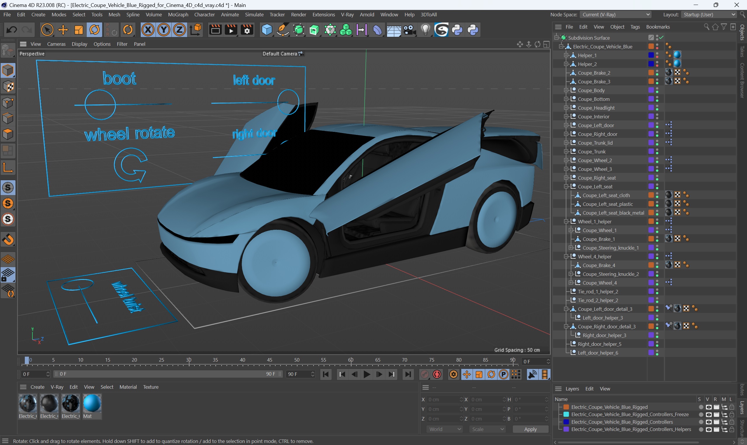 3D Electric Coupe Vehicle Blue Rigged for Cinema 4D model