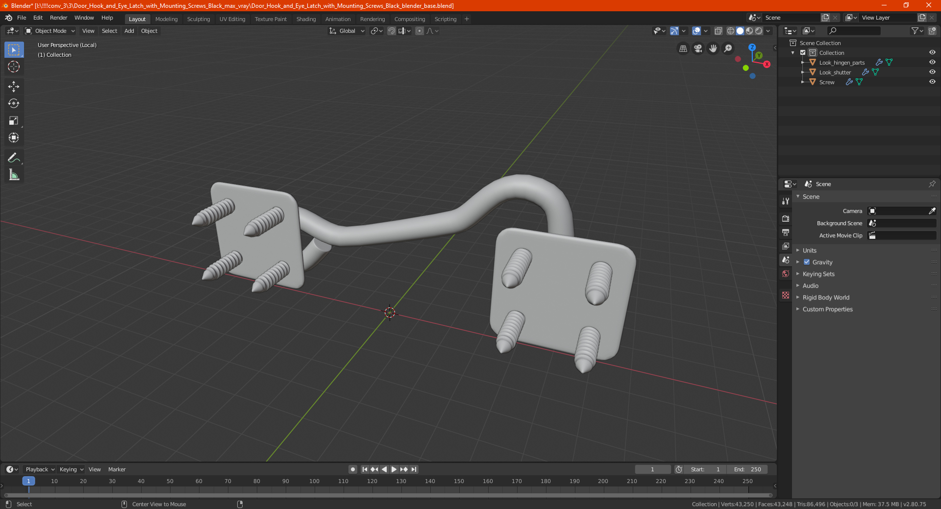 Door Hook and Eye Latch with Mounting Screws Gold 3D model