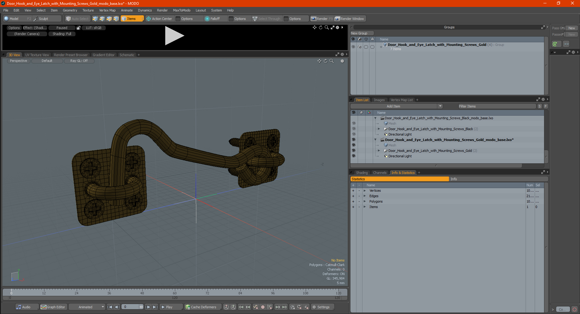 Door Hook and Eye Latch with Mounting Screws Gold 3D model