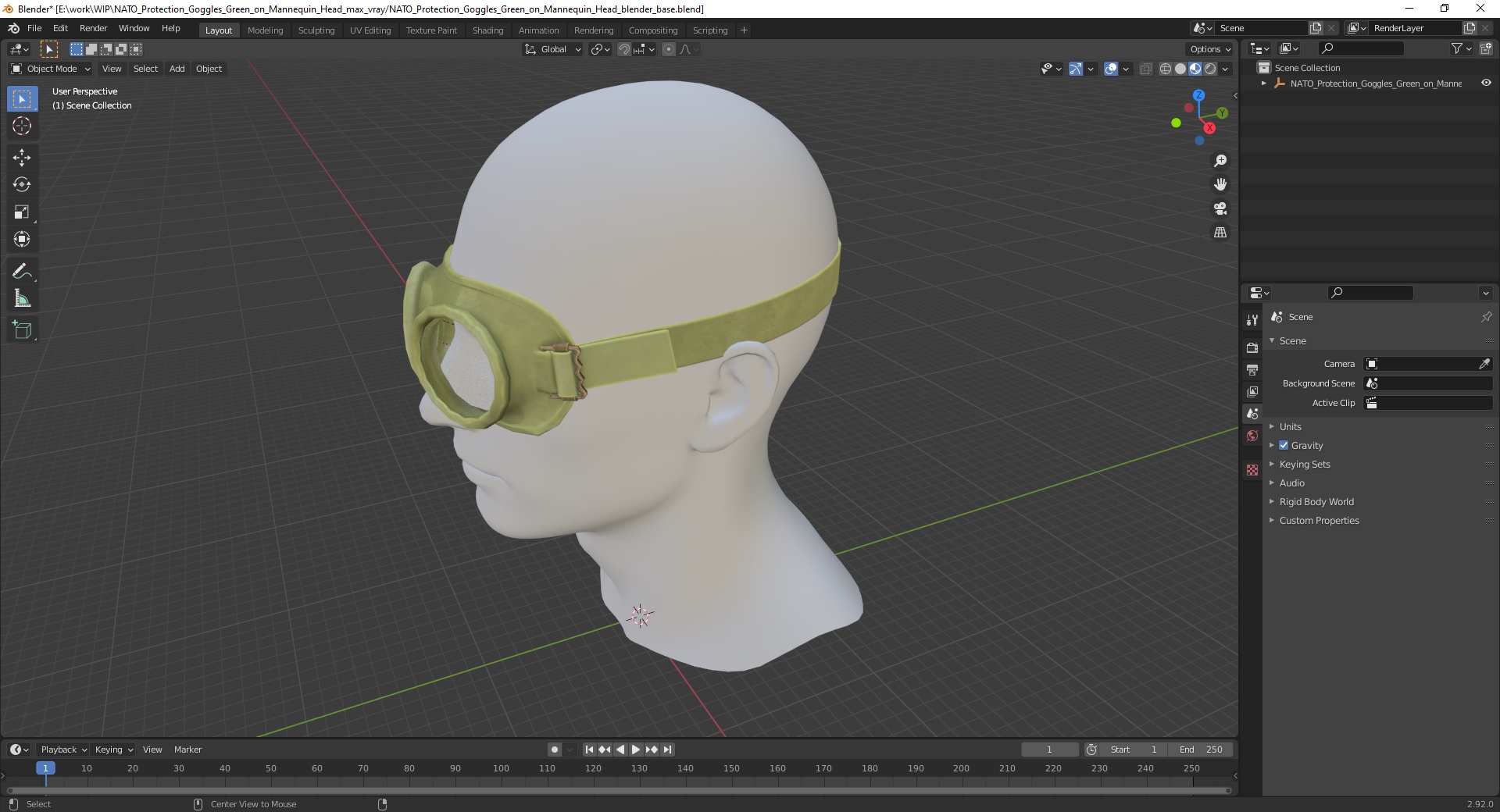 NATO Protection Goggles Green on Mannequin Head 3D