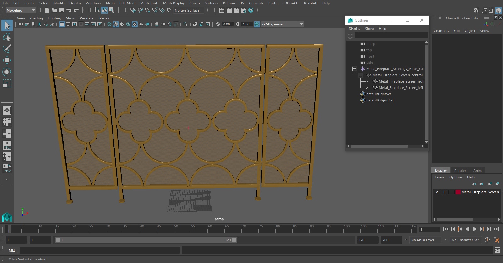 3D model Metal Fireplace Screen 3 Panel Gold