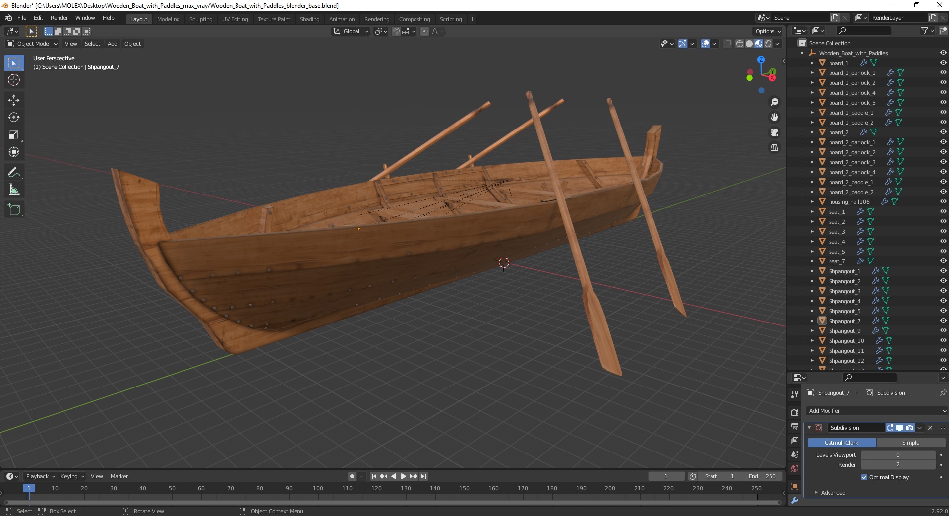 Wooden Boat with Paddles 3D model