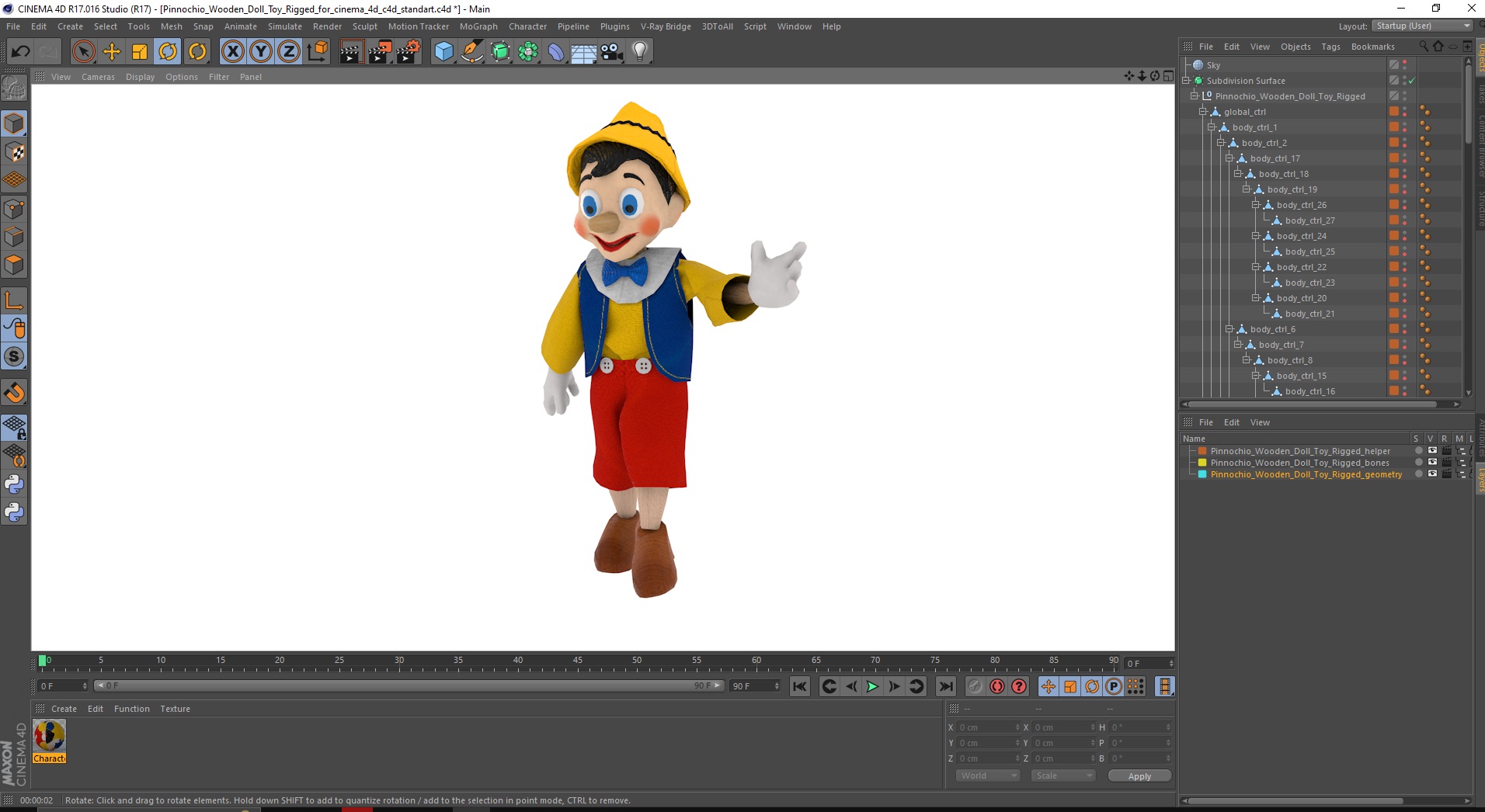 3D Pinnochio Wooden Doll Toy Rigged for Cinema 4D
