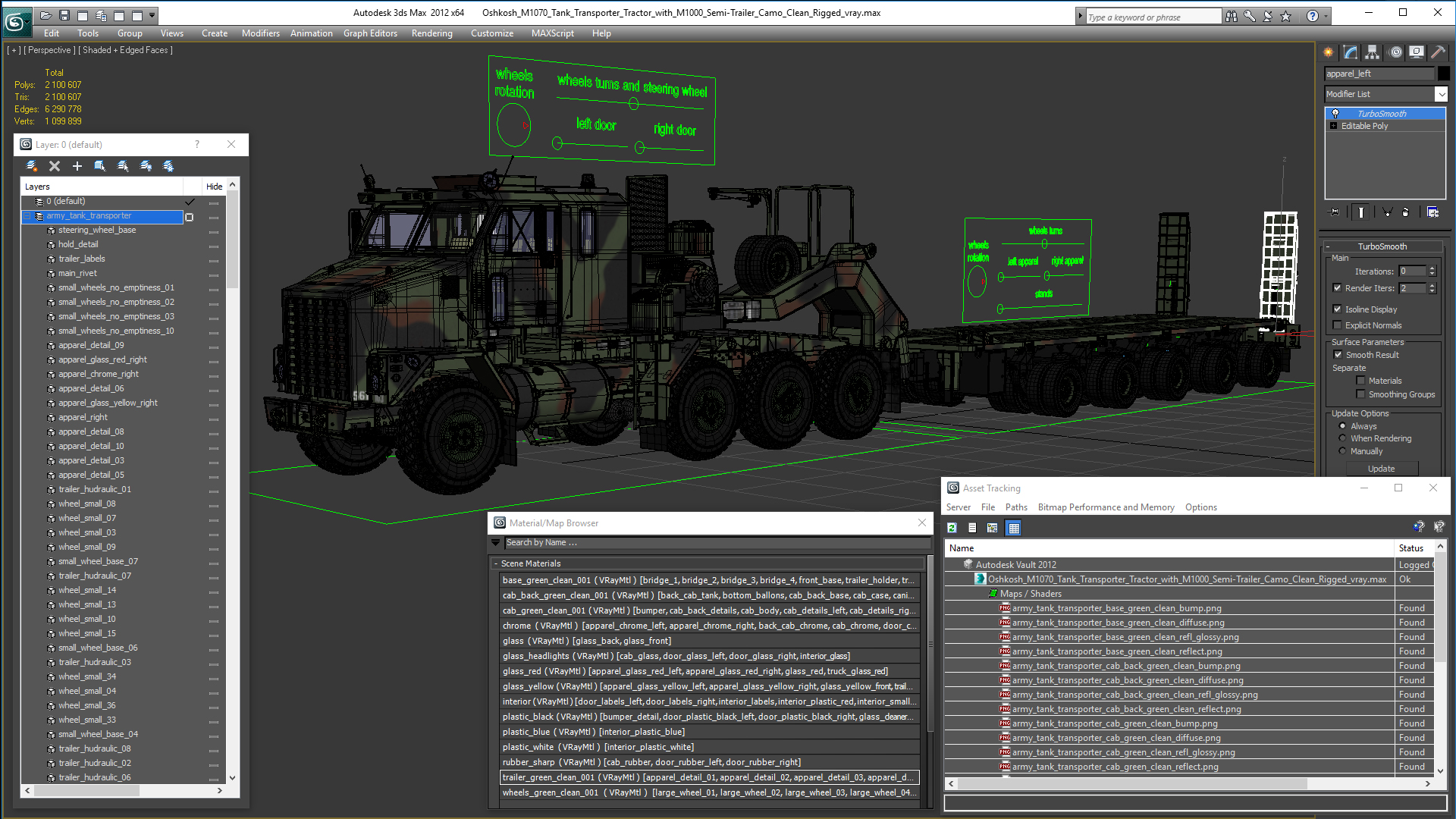 3D model Oshkosh M1070 Tank Transporter Tractor with M1000 Semi-Trailer Camo Clean Rigged