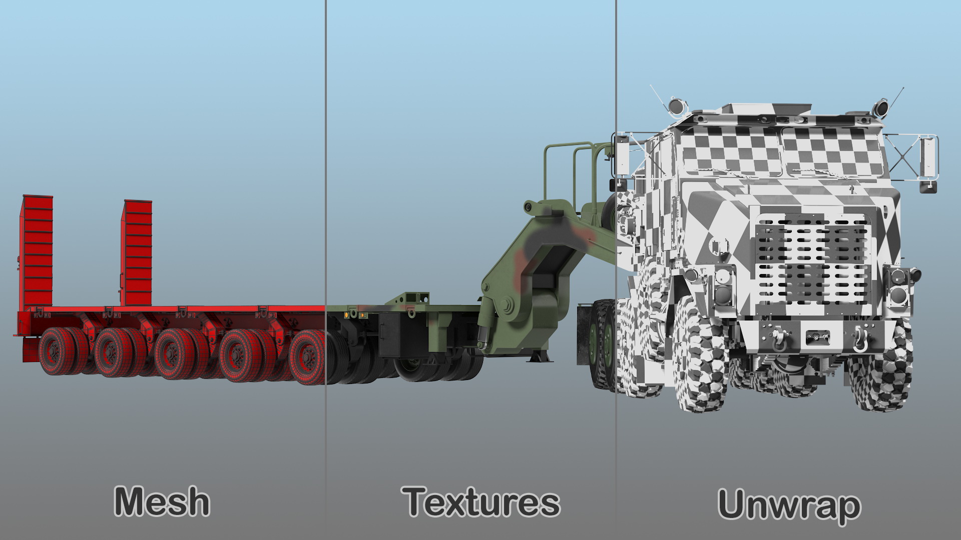 3D model Oshkosh M1070 Tank Transporter Tractor with M1000 Semi-Trailer Camo Clean Rigged