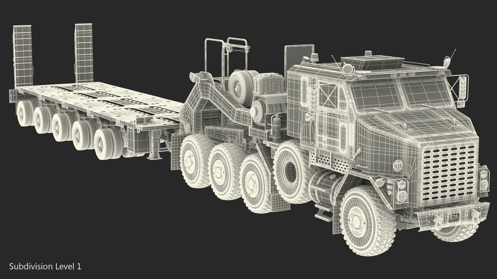 3D model Oshkosh M1070 Tank Transporter Tractor with M1000 Semi-Trailer Camo Clean Rigged