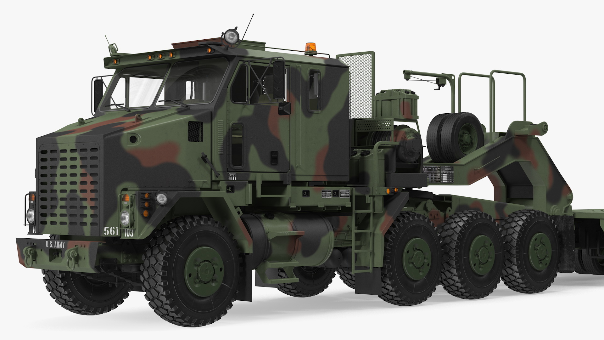 3D model Oshkosh M1070 Tank Transporter Tractor with M1000 Semi-Trailer Camo Clean Rigged