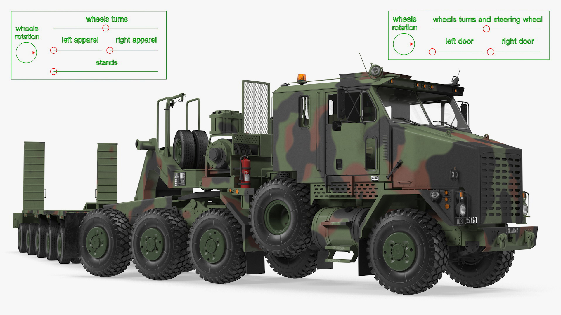 3D model Oshkosh M1070 Tank Transporter Tractor with M1000 Semi-Trailer Camo Clean Rigged