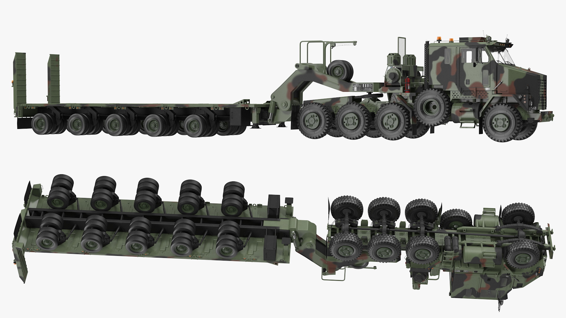 3D model Oshkosh M1070 Tank Transporter Tractor with M1000 Semi-Trailer Camo Clean Rigged