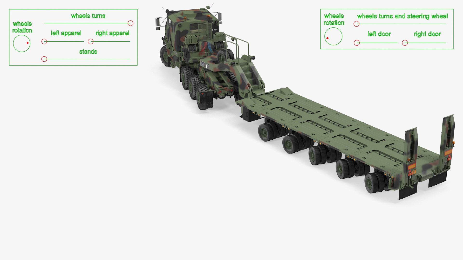 3D model Oshkosh M1070 Tank Transporter Tractor with M1000 Semi-Trailer Camo Clean Rigged