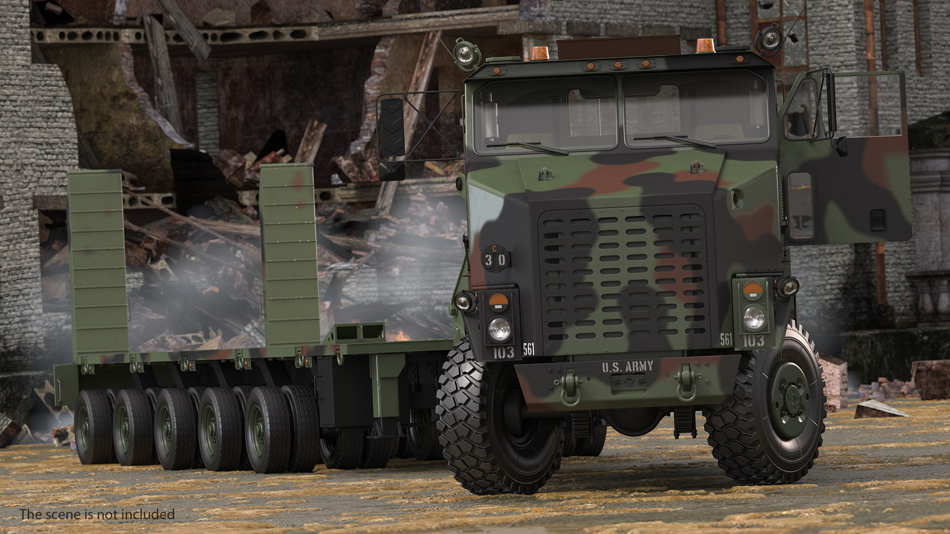 3D model Oshkosh M1070 Tank Transporter Tractor with M1000 Semi-Trailer Camo Clean Rigged