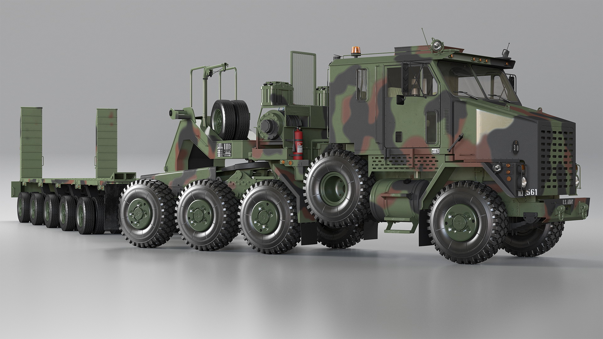 3D model Oshkosh M1070 Tank Transporter Tractor with M1000 Semi-Trailer Camo Clean Rigged