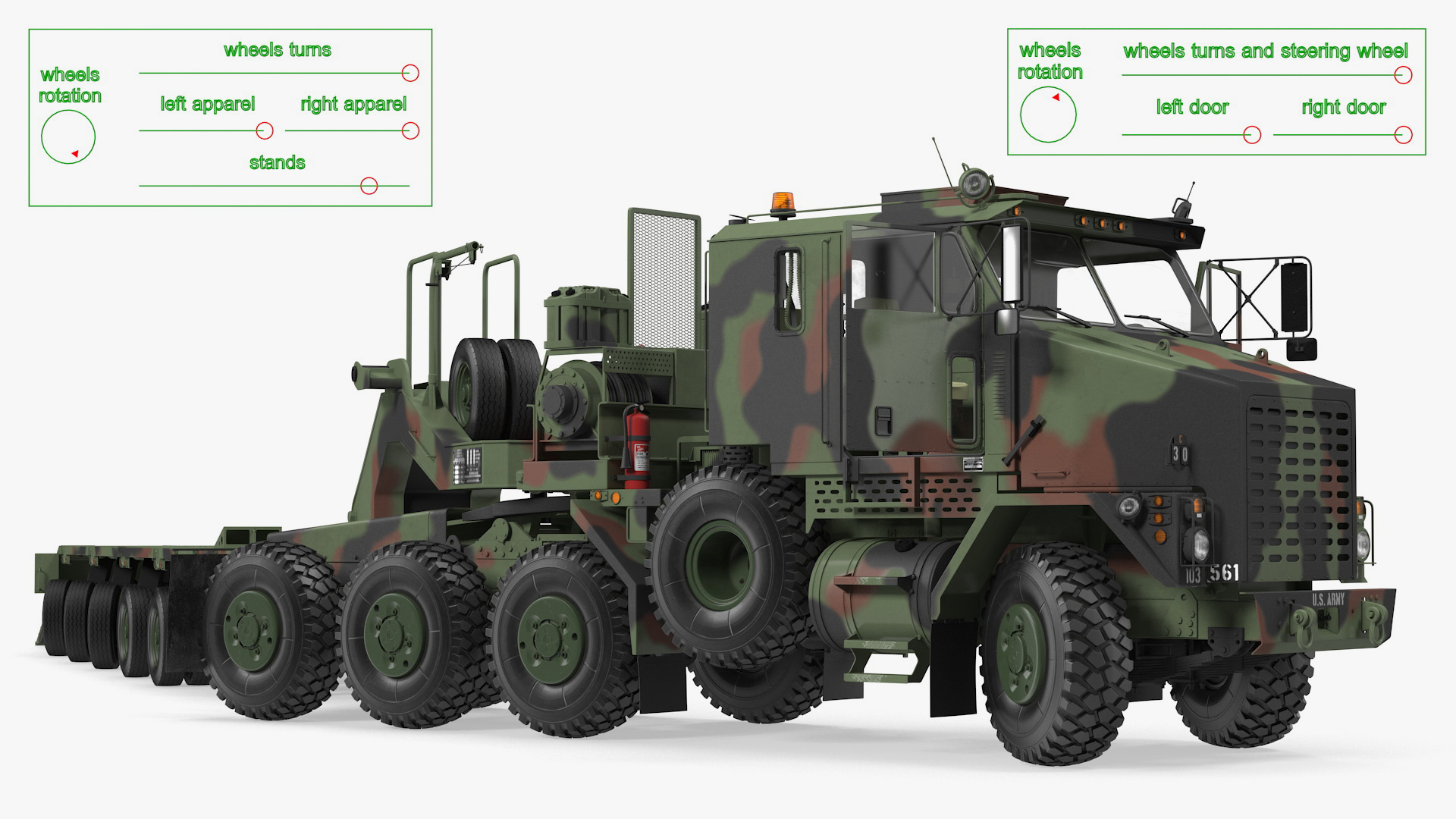 3D model Oshkosh M1070 Tank Transporter Tractor with M1000 Semi-Trailer Camo Clean Rigged