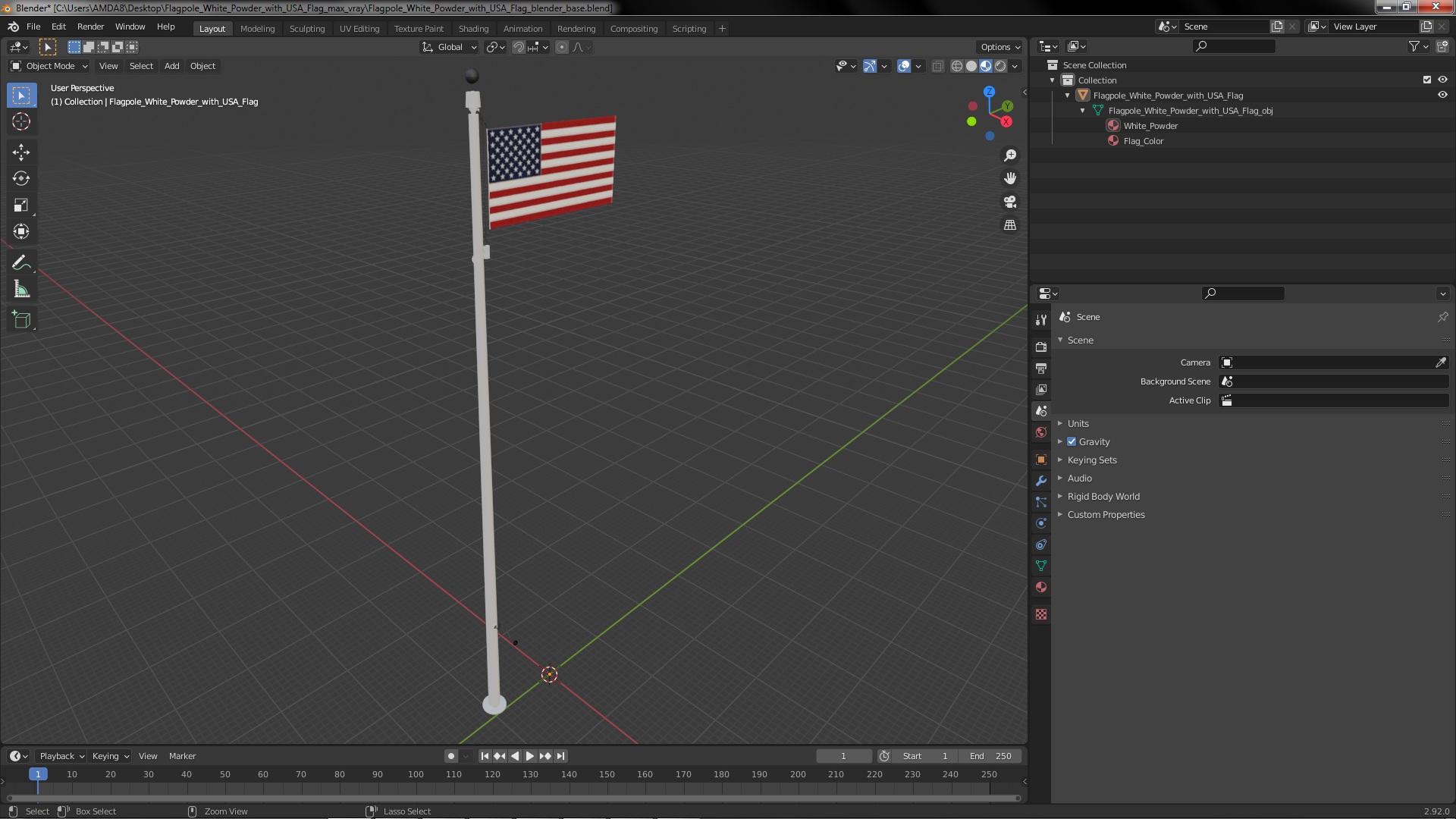 3D model Flagpole White Powder with USA Flag