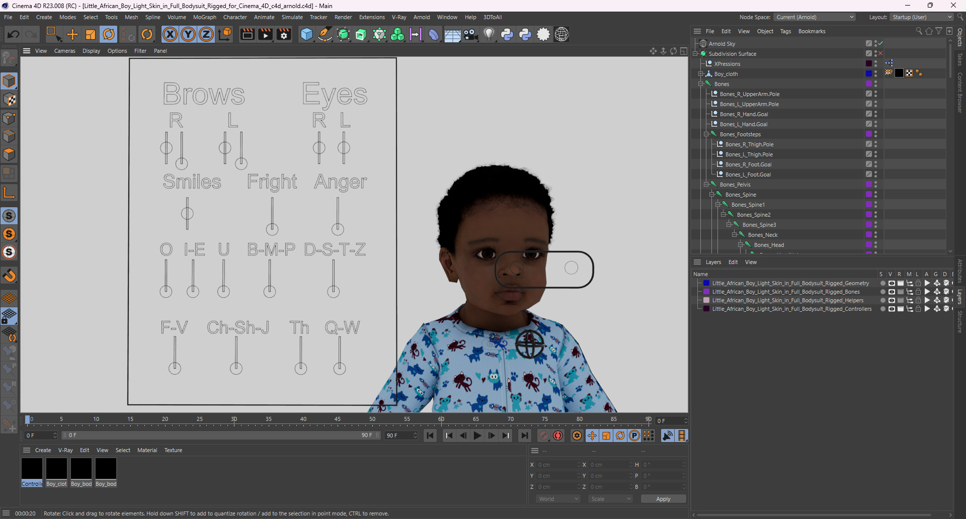 Little African Boy Light Skin in Full Bodysuit Rigged for Cinema 4D 3D