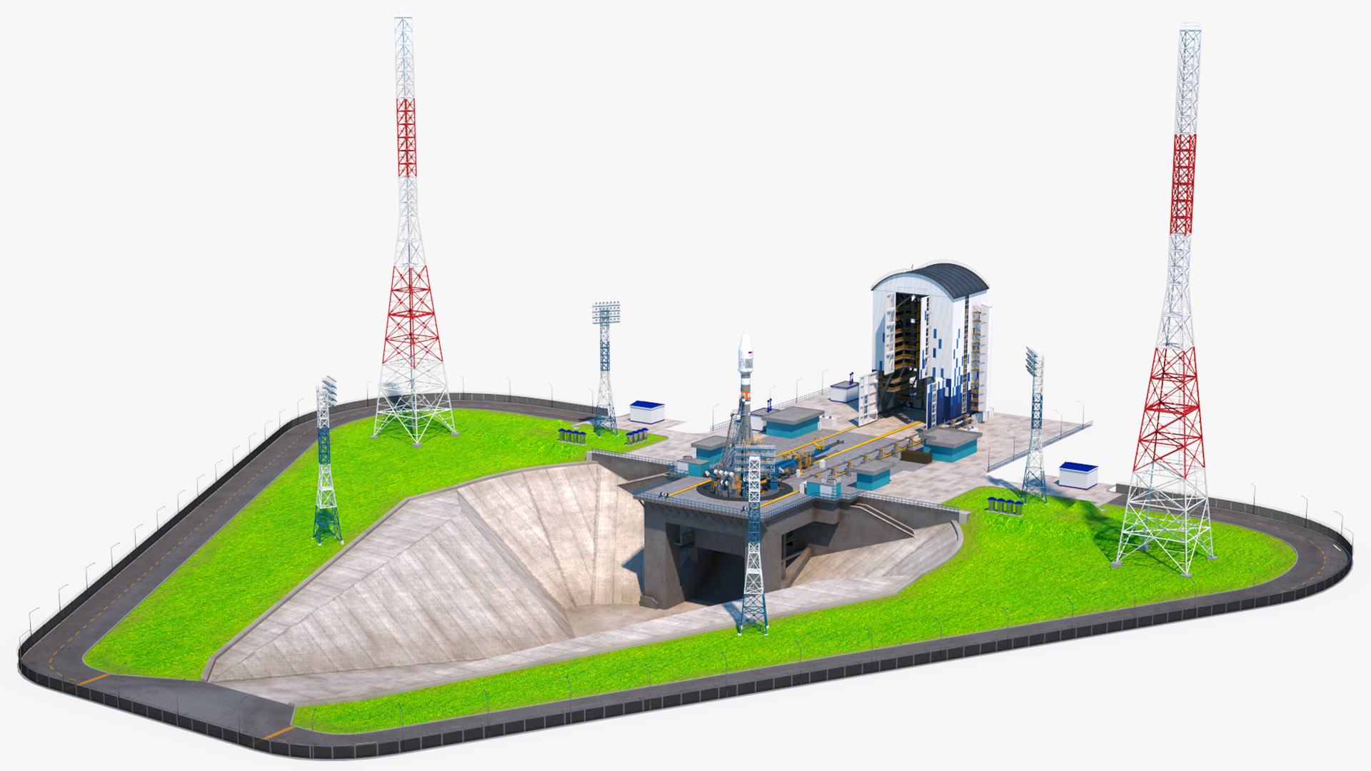 Vostochny Cosmodrome Spaceport with Soyuz 2 Orbital Vehicle 3D model
