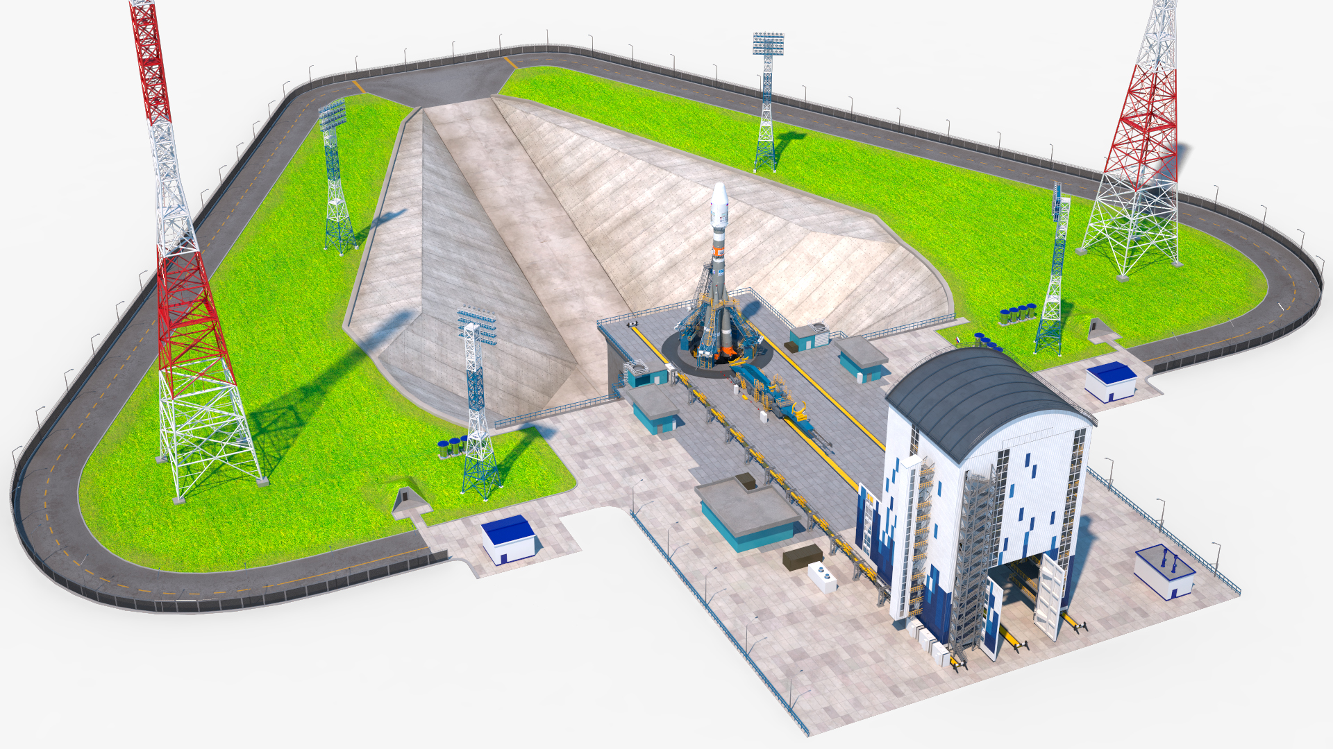 Vostochny Cosmodrome Spaceport with Soyuz 2 Orbital Vehicle 3D model
