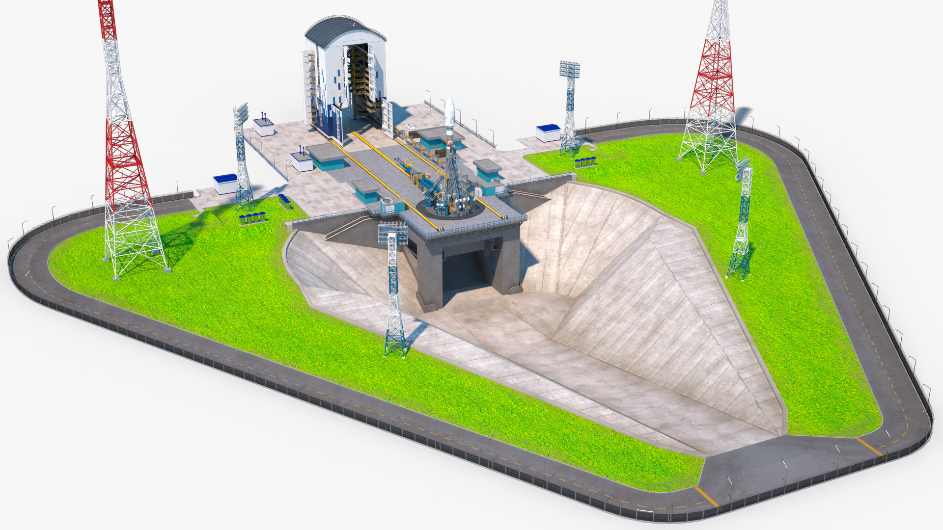 Vostochny Cosmodrome Spaceport with Soyuz 2 Orbital Vehicle 3D model
