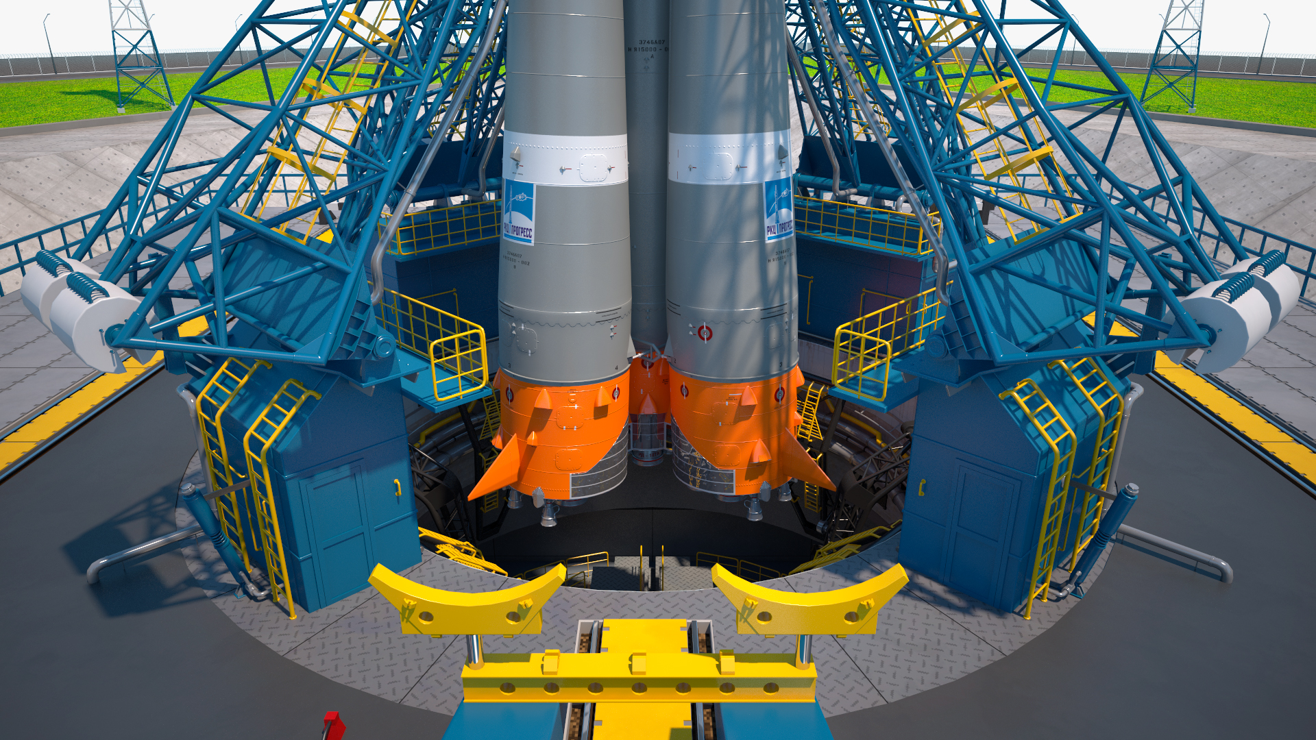 Vostochny Cosmodrome Spaceport with Soyuz 2 Orbital Vehicle 3D model
