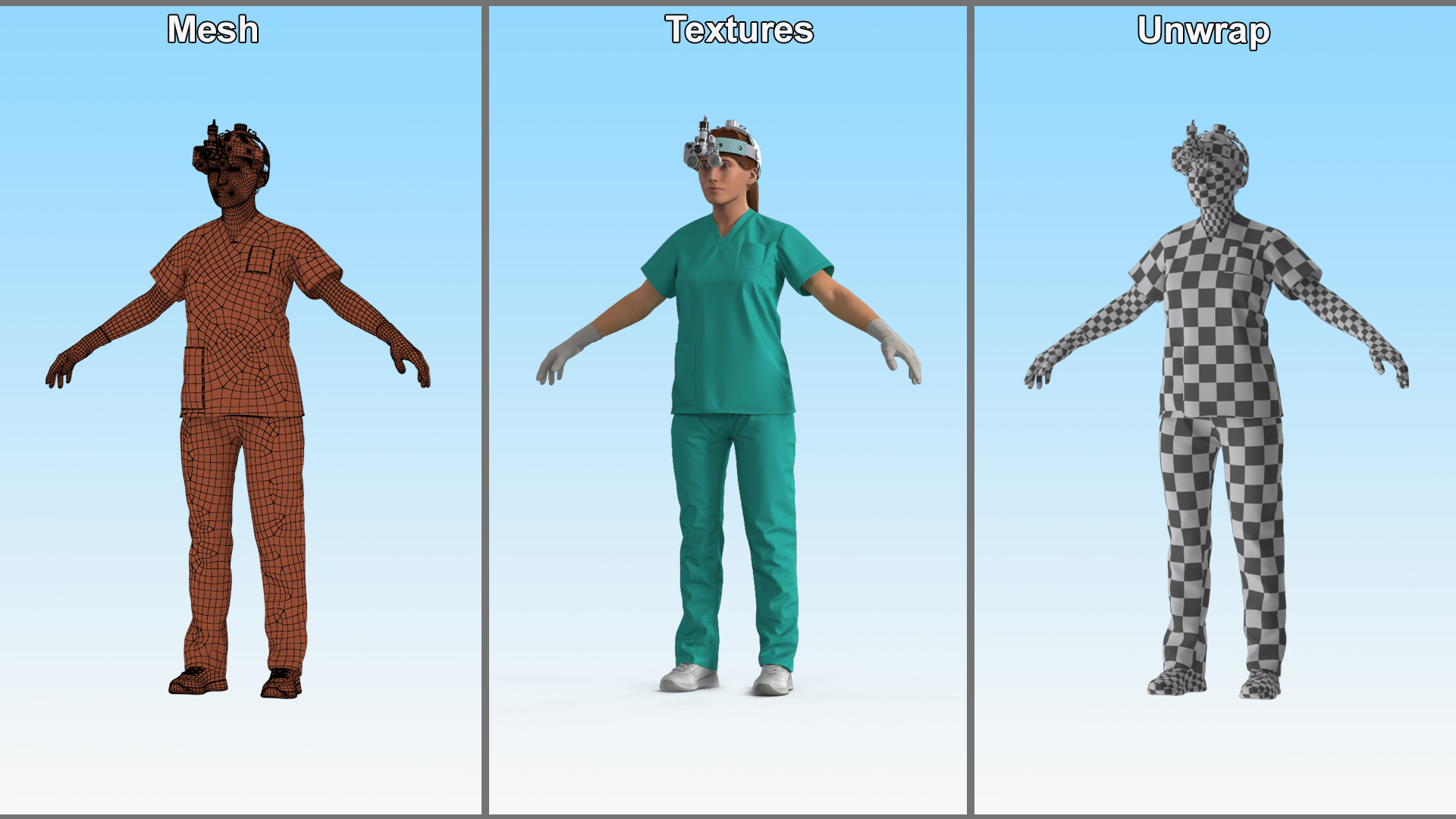 3D Female Dental Doctor with Loupe Light Rigged Fur model