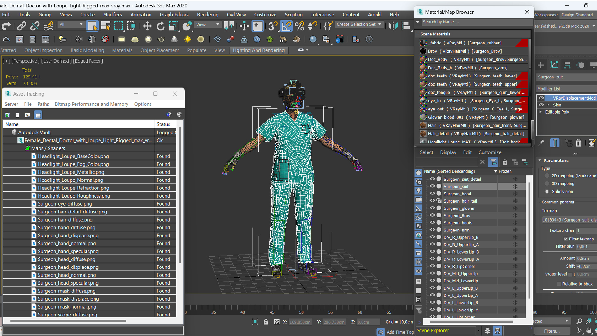 3D Female Dental Doctor with Loupe Light Rigged Fur model