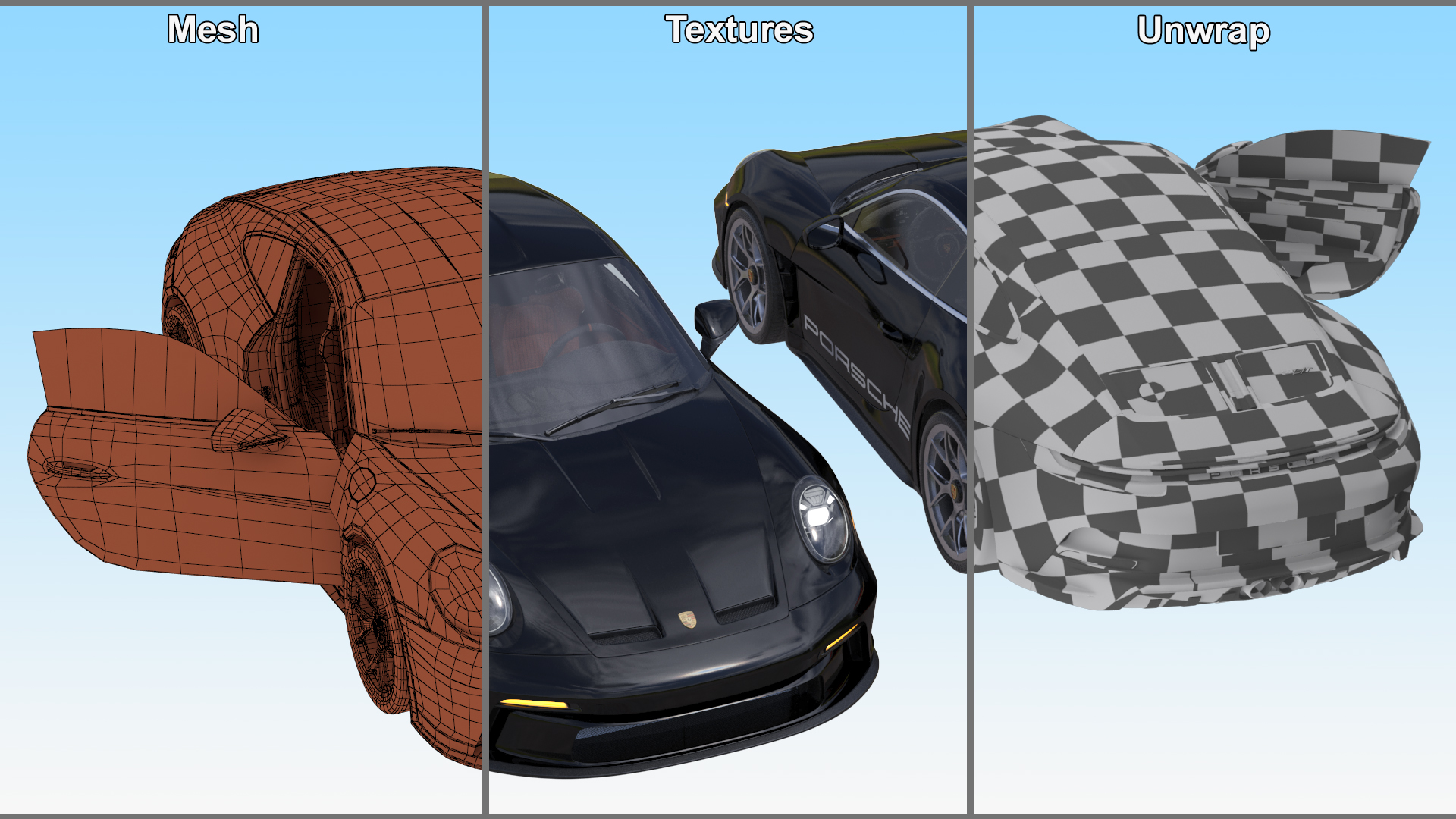 3D model Sport Car Porsche 911 2024 Black Simplified Rigged