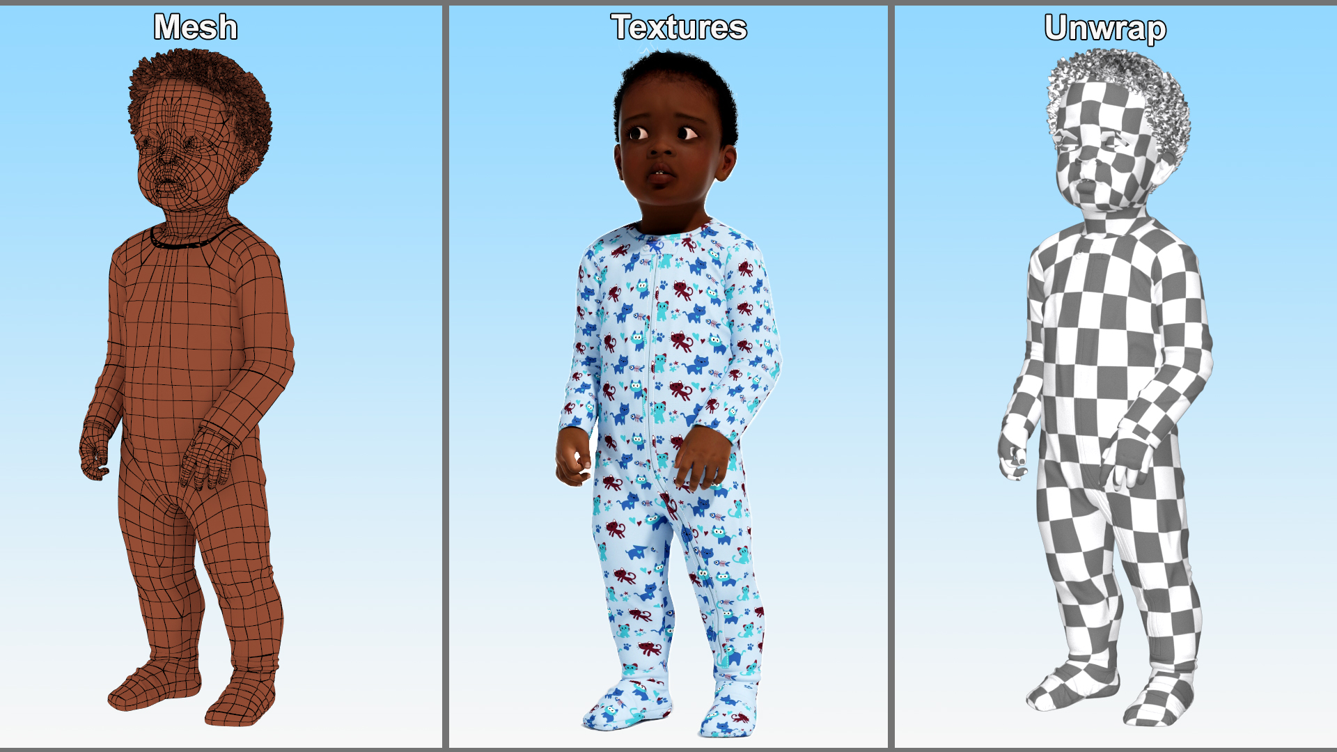 3D Toddler Black Boy in Full Bodysuit Standing model