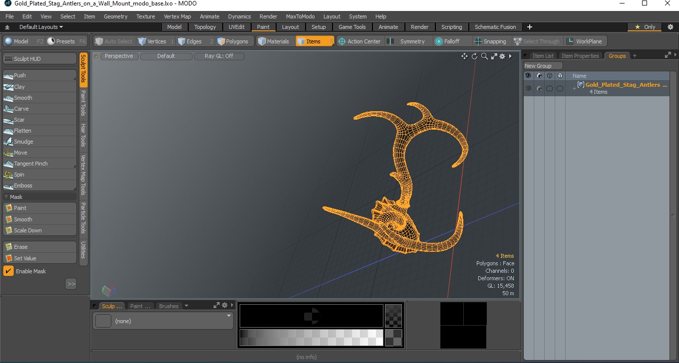3D model Gold Plated Stag Antlers on a Wall Mount
