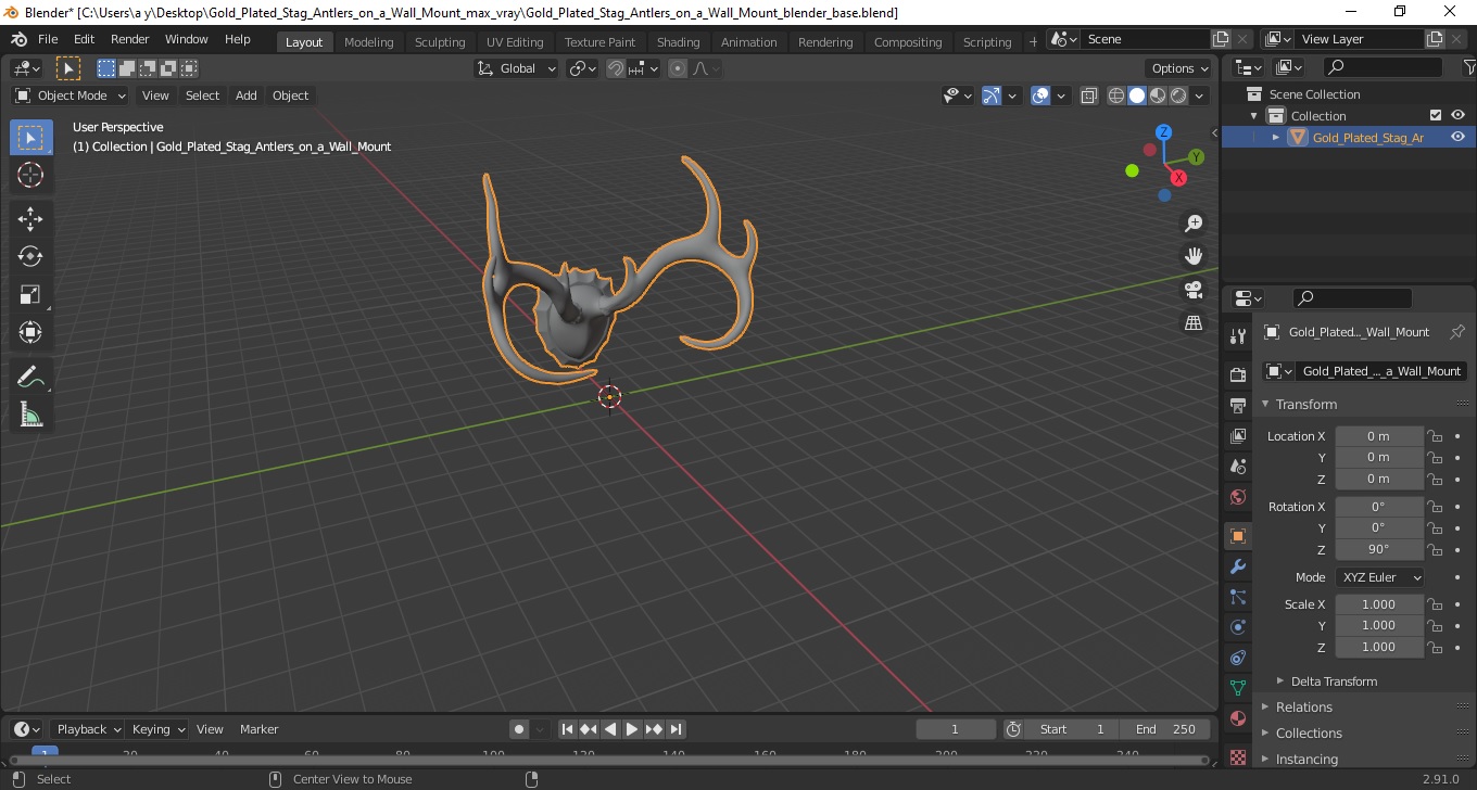 3D model Gold Plated Stag Antlers on a Wall Mount