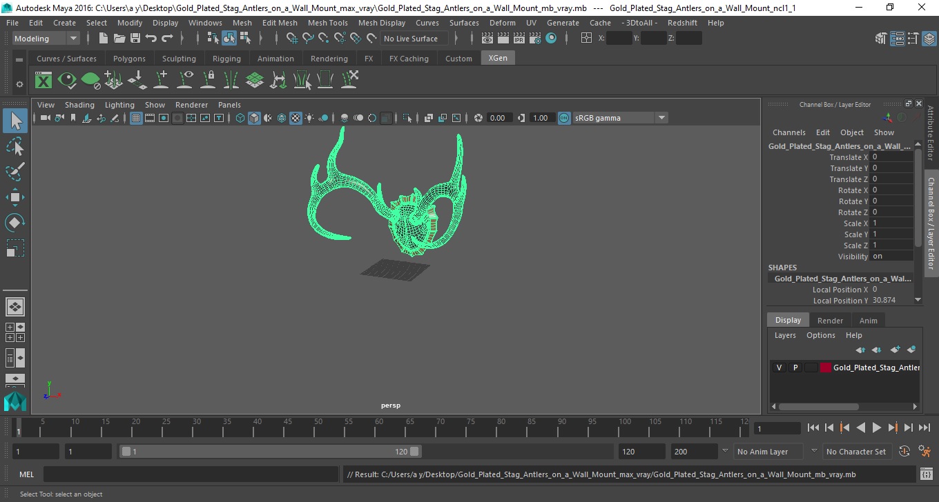 3D model Gold Plated Stag Antlers on a Wall Mount