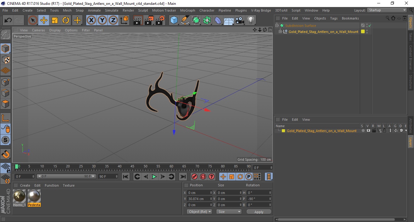 3D model Gold Plated Stag Antlers on a Wall Mount