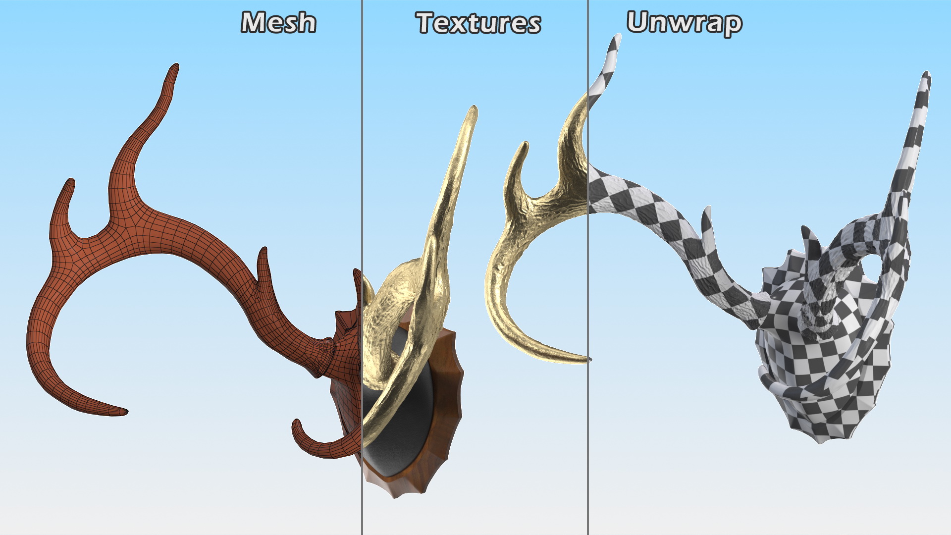 3D model Gold Plated Stag Antlers on a Wall Mount