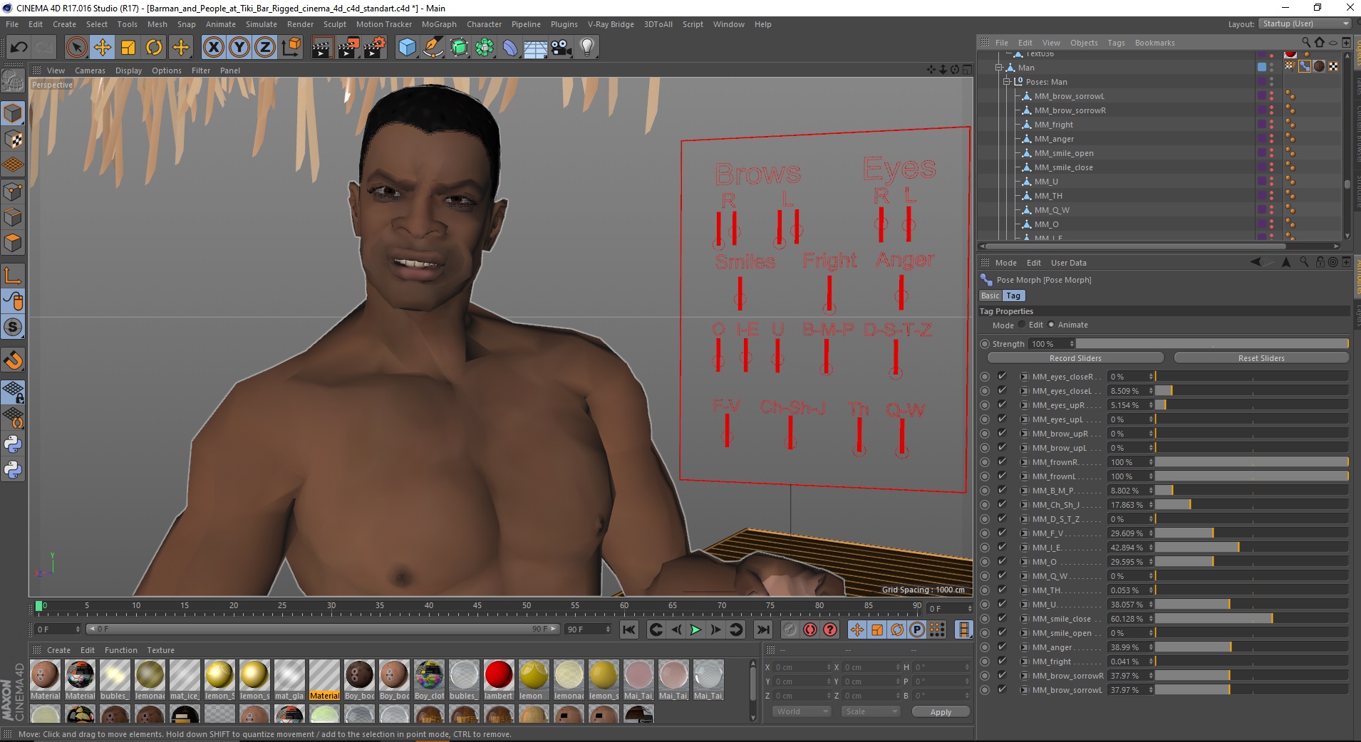 3D model Barman and People at Tiki Bar Rigged for Cinema 4D