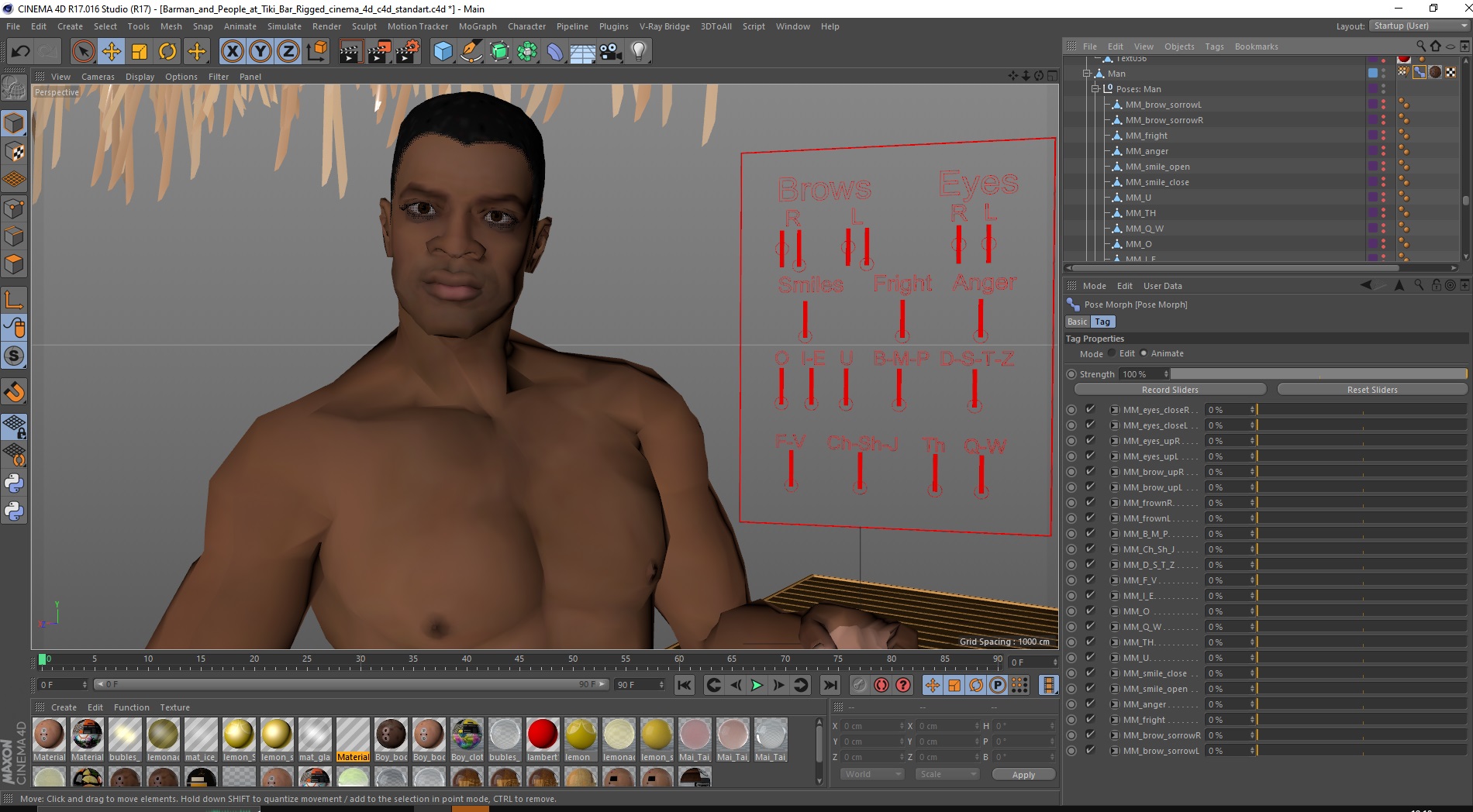 3D model Barman and People at Tiki Bar Rigged for Cinema 4D